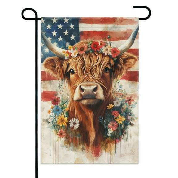 Wildflowers Highland Cow American Flag Garden Flags 12×18 Inch Double Sided Decorative Yard Banner Seasonal Flag for Outdoor Outside Decor