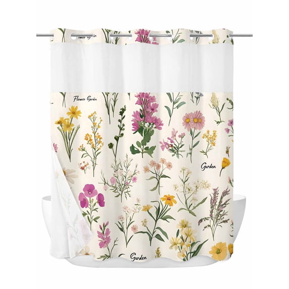 Wildflowers No Hook Shower Curtain and Liner Set Vintage Floral Linen Texture Shower Curtains with Snap-in Liner & See Through Top Window Hotel Style for Bathroom Decor 72x72 Inch