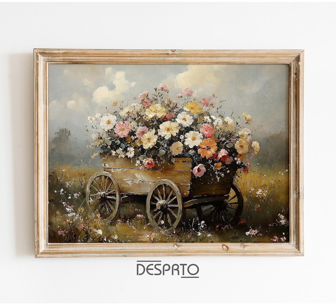 Wildflowers In Cart Wall Art Print, Flower Spring, Vintage Farmhouse ...