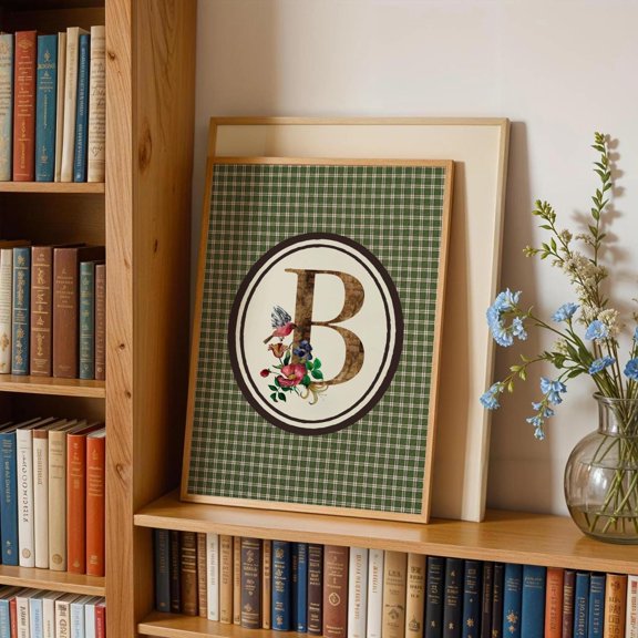 Wildflowers Initial Print Floral Nursery Wall Art Gingham Wall Decor Boho Name Sign Initial Vintage Wall Art Striped