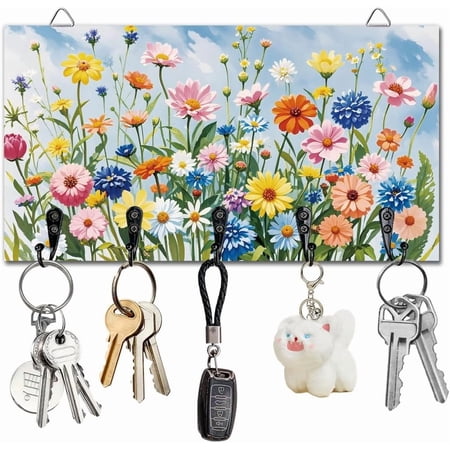 Wildflowers Key Holder Key Hooks Wall Mounted Wooden Key Racks with 5 Hooks Key Storage Organizer House Key Hanger for Wall Decor Door Entryway Hallway Kitchen New Home Gift