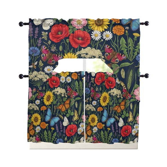 Wildflowers Kitchen Curtains Set for Windows 3 Piece Cafe Curtains 36 Inch Length Swag Curtains Valances and Tier Set Farmhouse Butterflies Floral Navy Blue Drapes for Bedroom Bathroom Living Room