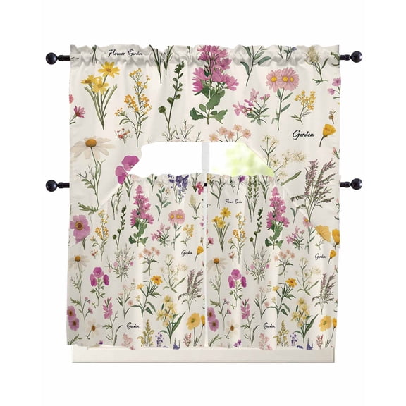 Wildflowers Kitchen Curtains Sets 24 Inch Length with Valance, Blossoming Botanical Prints Garden Floral Swag Valances and Tiers Curtain Set Drapes Swag Curtains for Living Room, Bathroom, Bedroom