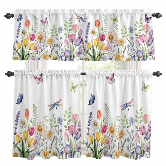 Wildflowers Kitchen Curtains Sets for Windows 24 Inch Length, Spring Country Tulip Butterfly Floral Leaf Rod Pocket Window Treatments Tier Curtains and Valances Set for Bedroom/Bathroom
