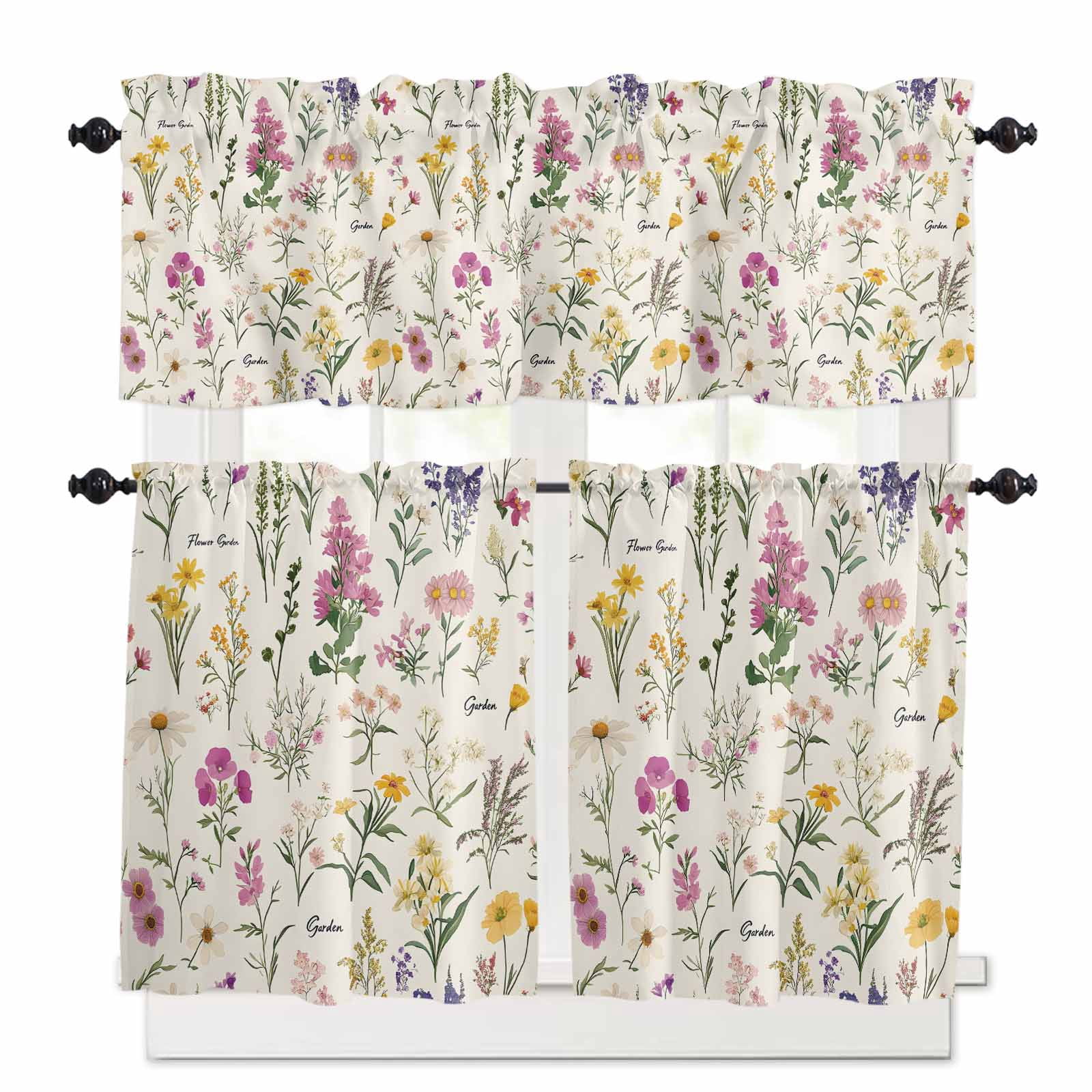 Wildflowers Kitchen Curtains and Valances Set, Vintage Floral Linen