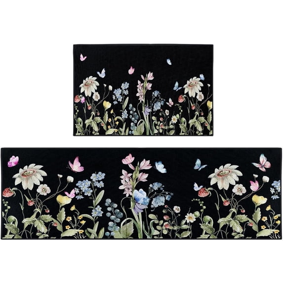 Wildflowers Kitchen Rugs and Mats Non Skid Washable Set of 2, Black Background Kitchen Floor Mats, Botanical Kitchen Runner Rug, Spring Kitchen Decor