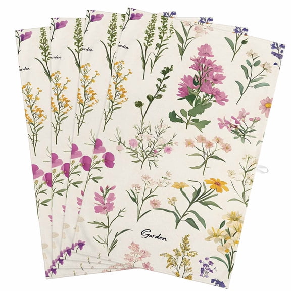 Wildflowers Kitchen Towels, Absorbent Microfiber Kitchen Dish Hand Tea Bath Towel, Blossoming Botanical Prints Garden Floral Quick Dry Cleaning Cloth Dishclothes Decorative Sets, (4-PC, 18x28)