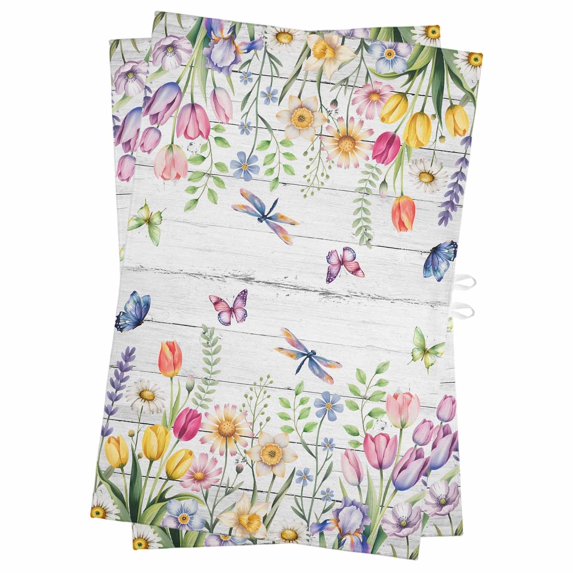 Wildflowers Kitchen Towels Set of 2, Water Absorbent Dish Towel, Spring Farmhouse Tulip Floral Leaf Wooden Grain Decorative Hand Towels - Quick Drying Cloth for Cooking Baking, 18x28 Inch