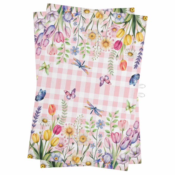 Wildflowers Kitchen Towels Set of 2, Water Absorbent Dish Towel, Spring Watercolor Tulip Floral Leaf Pink Plaid Decorative Hand Towels - Quick Drying Cloth for Cooking Baking, 18x28 Inch