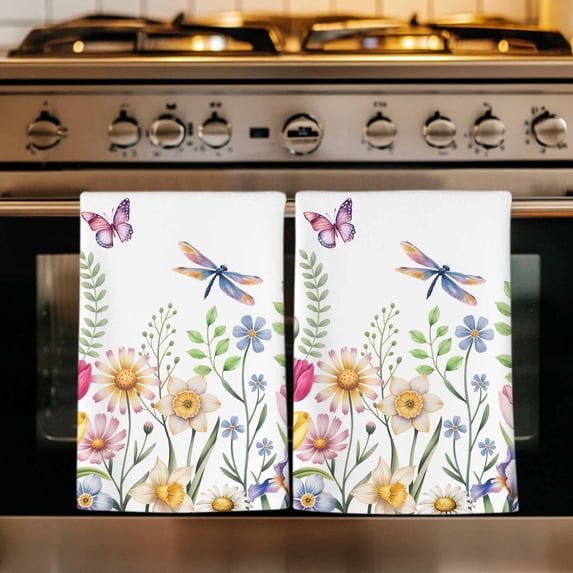 Wildflowers Kitchen Towels Set of 3, Spring Country Tulip Butterfly Floral Leaf Absorbent Dish Towels for Kitchen, Microfiber Hand Towel, Quick Drying Tea Towel for Cleaning Decorative Dishcloths
