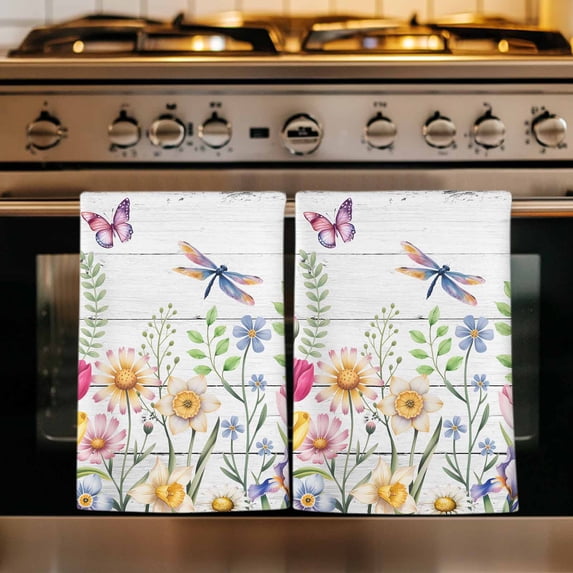 Wildflowers Kitchen Towels Set of 4, Spring Farmhouse Tulip Floral Leaf Wooden Grain Absorbent Dish Towels for Kitchen, Microfiber Hand Towel, Quick Drying Tea Towel for Cleaning Dishcloths
