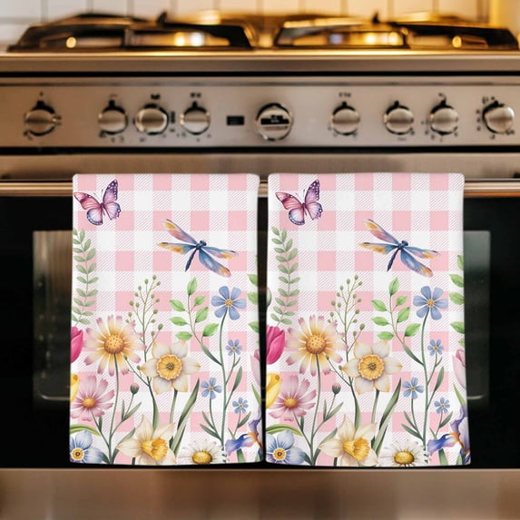 Wildflowers Kitchen Towels Set of 4, Spring Watercolor Tulip Floral Leaf Pink Plaid Absorbent Dish Towels for Kitchen, Microfiber Hand Towel, Quick Drying Tea Towel for Cleaning Decorative Dishcloths