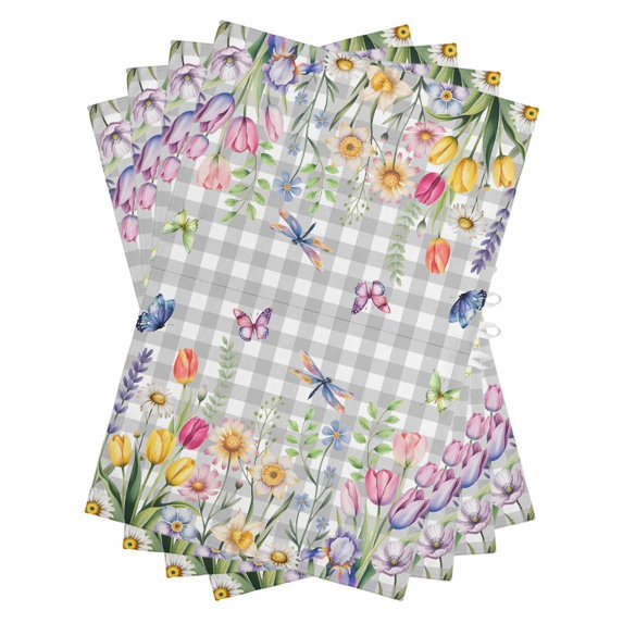 Wildflowers Kitchen Towels Set of 4, Water Absorbent Dish Towel, Spring Watercolor Tulip Floral Leaf Grey Plaid Decorative Hand Towels - Quick Drying Cloth for Cooking Baking, 18x28 Inch