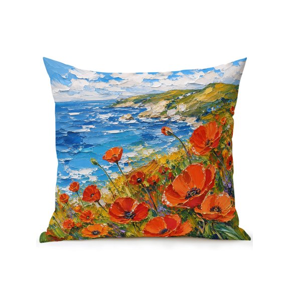 Wildflowers Landscape Outdoor Throw Pillow with Insert, 18"x18" Country Mountain Sky Orange Flowers Field Waterproof Decorative Square Patio Pillows for Small Patio Chairs, Balcony, Couch