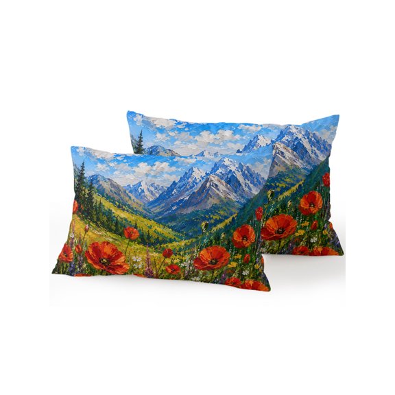 Wildflowers Landscape Outdoor Throw Pillows with Inserts Set of 2, 12"x20" Country Mountain Sky Red Flowers Daisy Field Waterproof Patio Pillows for Chair Back Support, Sofa & Bench