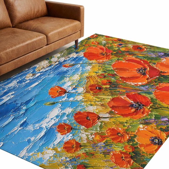 Wildflowers Landscape Washable Area Rug 9 x 12 ft Country Mountain Sky Orange Flowers Field Soft Non‑Slip Rugs Stain Repellent Indoor Mats for Expansive Great‑Room, Living‑Dining Open Space