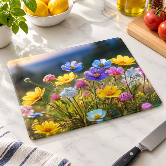 Wildflowers Pattern Tempered Glass Board, 15.47 x 11.42 x 0.43 in