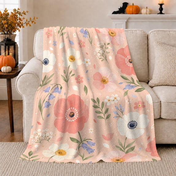 Wildflowers on Peach with Blue Bells, Soft Botanical Style for Flower Lovers, Cozy Spring Garden Scene, Flannel Blanket for Sunroom and Bedroom, decorative theme Gift and Floral Home Decor