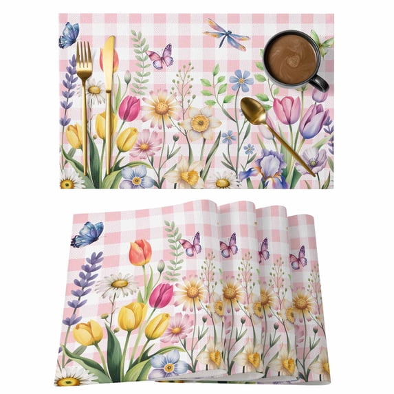 Wildflowers Placemats Set of 6, Spring Watercolor Tulip Floral Leaf Pink Plaid Placemats for Dining Table, Place Mats for Kitchen Tabletop, Waterproof Wipeable Dining Table Mats Set