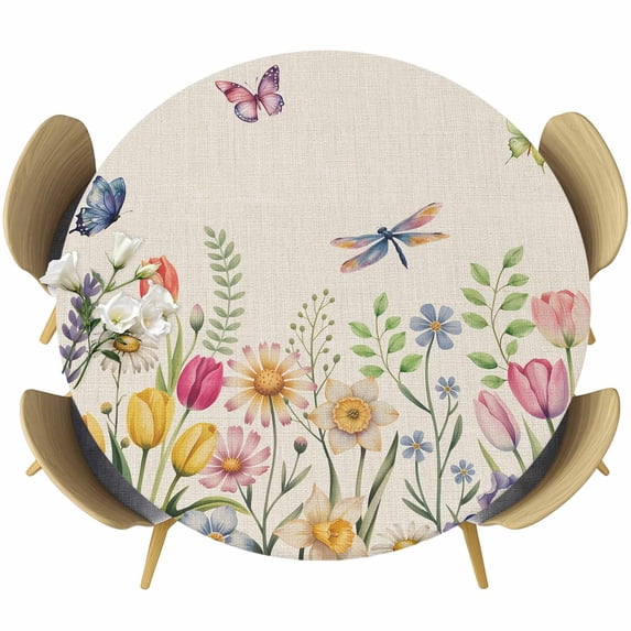 Wildflowers Round Tablecloth, Fitted Table Cover with Elastic for 45"-54" Round Tables, Spring Vintage Tulip Butterfly Floral Leaf Table Cloth Outdoor Indoor Dinning Party Waterproof Tablecloths