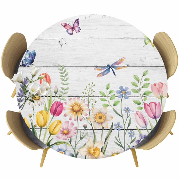 Wildflowers Round Tablecloth, Fitted Table Cover with Elastic for 55"-60" Round Tables, Spring Farmhouse Tulip Floral Leaf Wooden Grain Table Cloth Outdoor Indoor Dinning Party Waterproof Tablecloths