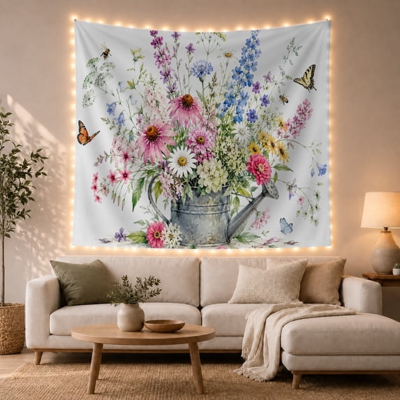 Wildflowers in Rustic Watering Can with Butterflies Serene Watercolor Illustration for Flower Lovers Botanical Wall Decor Housewarming Gift Tapestry Wall Hanging for Bedroom and Living Room