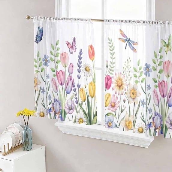 Wildflowers Sheer Curtains 45 Inch Length 2 Panels Set Window Treatments, Spring Country Tulip Butterfly Floral Leaf Rod Pocket Semi Curtains for Living Room/Bedroom/Kitchen Décor, 104"W x 45"L