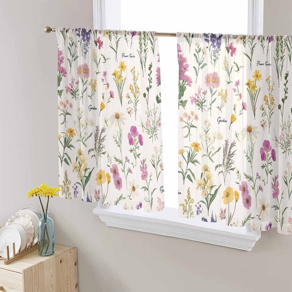 Wildflowers Sheer Curtains 54 Inches Length 2 Panels Set, Window Sheer Curtains for Living Room/Bedroom, Blossoming Botanical Prints Garden Floral Light Filtering Rod Pocket Curtain 52'' x 54'' x 2