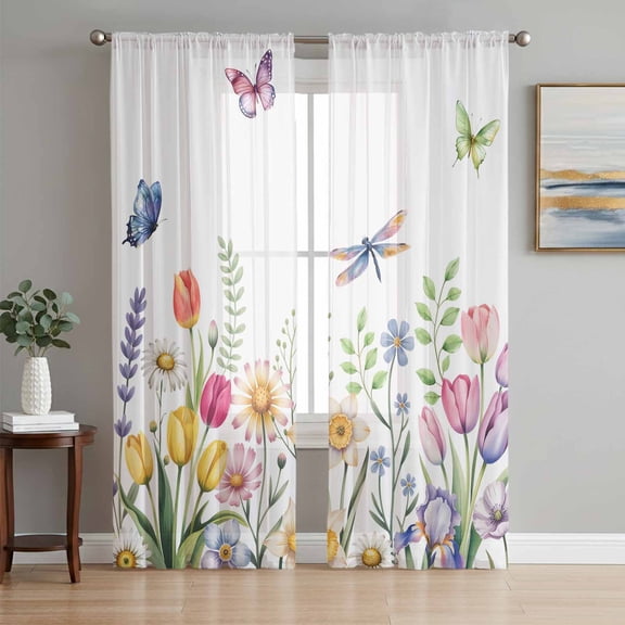 Wildflowers Sheer Curtains 63 Inch Length 2 Panels Set, Spring Country Tulip Butterfly Floral Leaf Voile Window Treatment Rod Pocket Curtains Sheers Drapes for Bedroom/Living Room/Kitchen 52x"63"x2