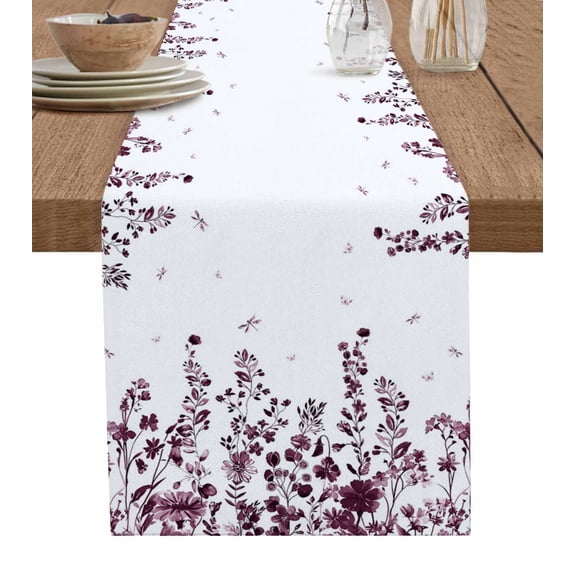 Wildflowers Short Table Runners 36 Inches, Cotton Linen Fabric Table Runner Dresser Scarf, Dragonfly Floral Bud Botanical Retro Maroon Tablerunner for Party/Kitchen/Dinner/Wedding Decor 13''x36''