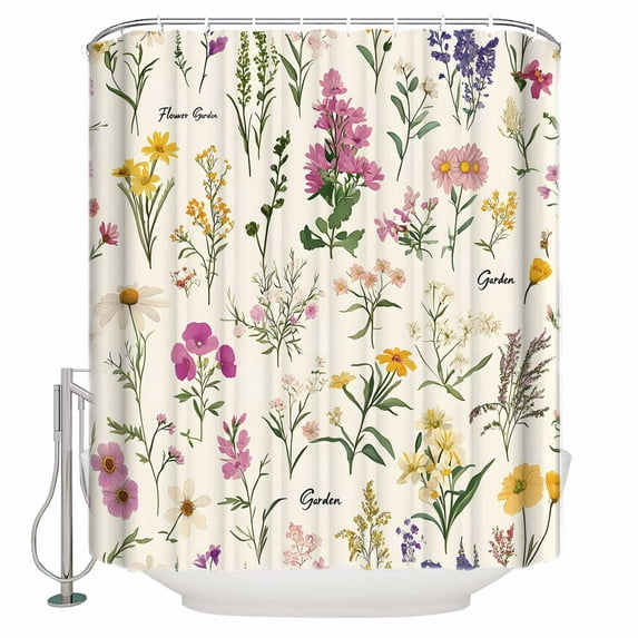 Wildflowers Shower Curtain, 48" x 72", Vintage Floral Linen Texture Waterproof Bathroom Curtain Washable Shower Curtain Set with 12 Hooks