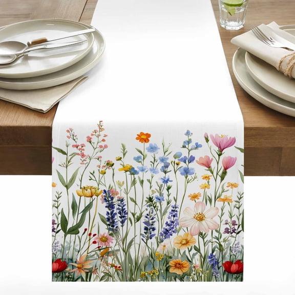 Wildflowers Spring Cotton Linen Table Runner Watercolor Flower Floral Lavender Dining Table Runners for Home Decor Party Dining Room Restaurant Kitchen 13" x 60"
