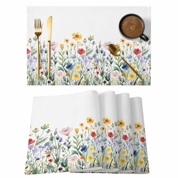 Wildflowers Spring Placemats Set of 1, Watercolor Flower Sage Green Plants Non-Slip Place Mats Washable Table Mats for Kitchen Dining Table Decorations Indoor/Outdoor