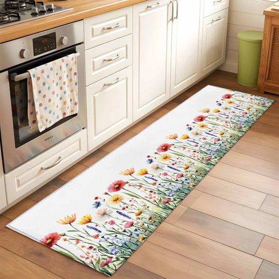 Wildflowers Spring Runner Rugs 2x6 ft Watercolor Red Yellow Flower Plants Washable Hallway Rugs Non-Slip Floor Mats Absorbent Carpet Bedside Runners for Bedroom Kitchen Bathroom Laundry Room