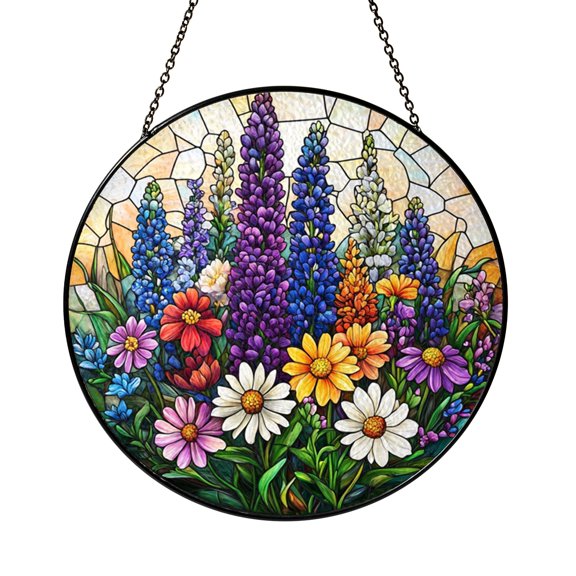Wildflowers Stained Glass Style Suncatcher, Colorful Meadow Floral Window Hanging Decor, Botanical Spring Inspired Art Panel for Living Room Home Accent