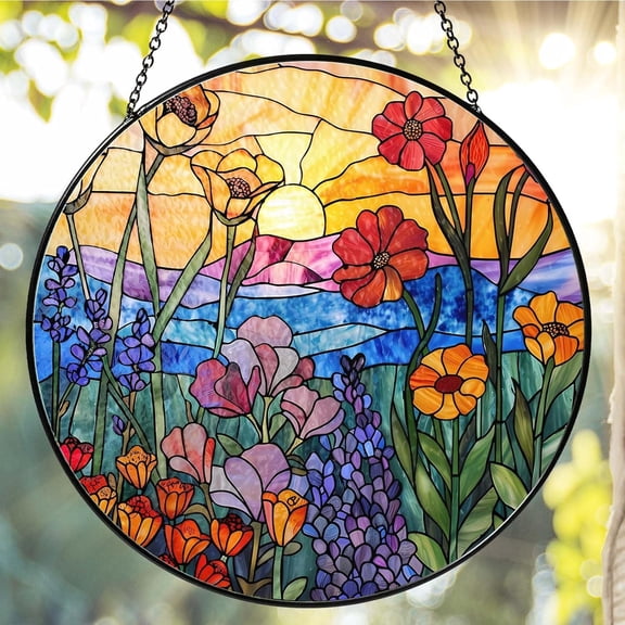 Wildflowers Stained Glass Suncatcher Hanging Window Decor, Colorful Sun Catcher for Indoor Window, Unique Gift for Women Mom Birthday Christmas Home Decoration, 6.3x6.3in
