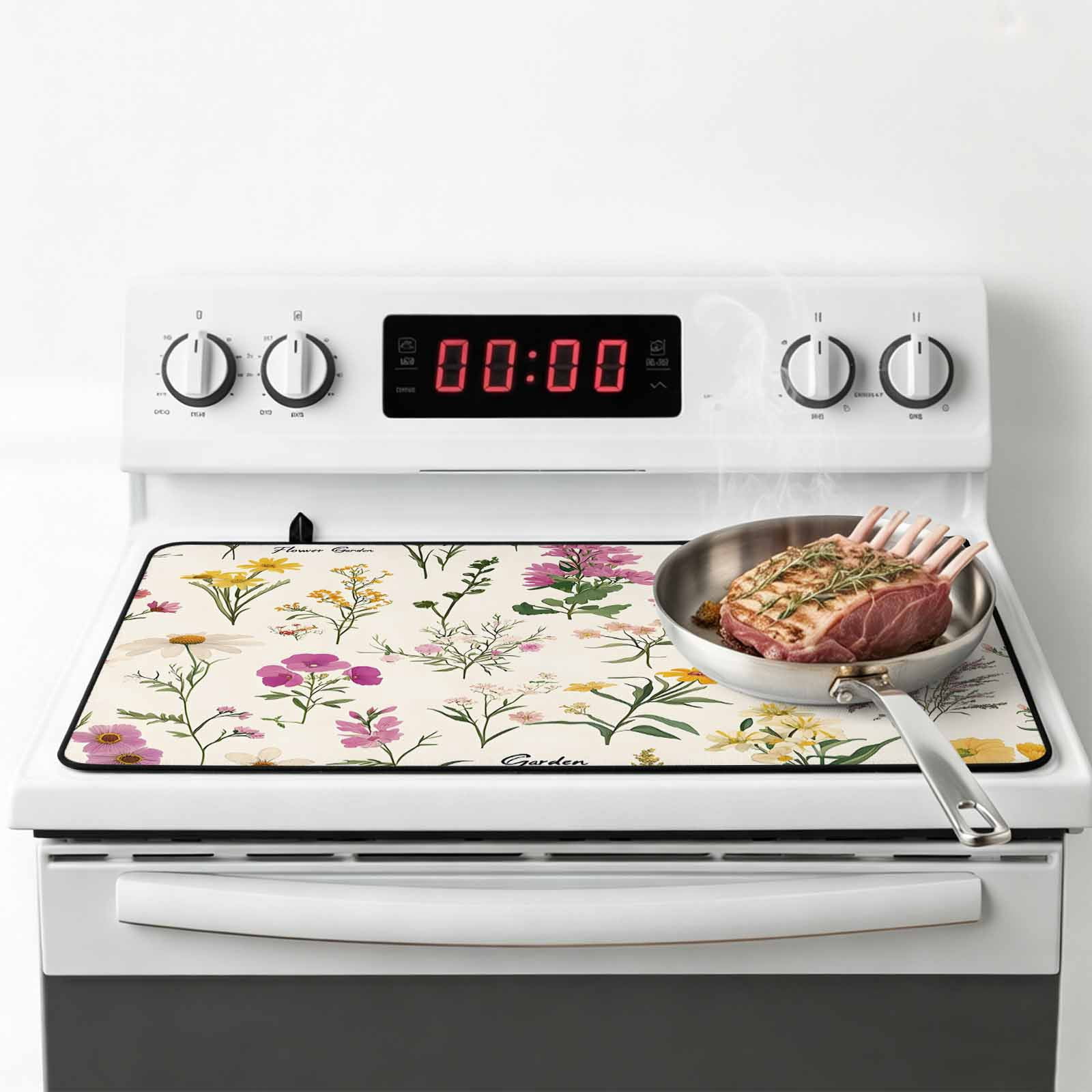 Wildflowers Stove Top Cover for Electric Stove, Heat-proof & Non Slip Glass Top Stove Cover Protector, Blossoming Botanical Prints Garden Floral Kitchen Flat Cooktop Rubber Mat 24x21 Inches