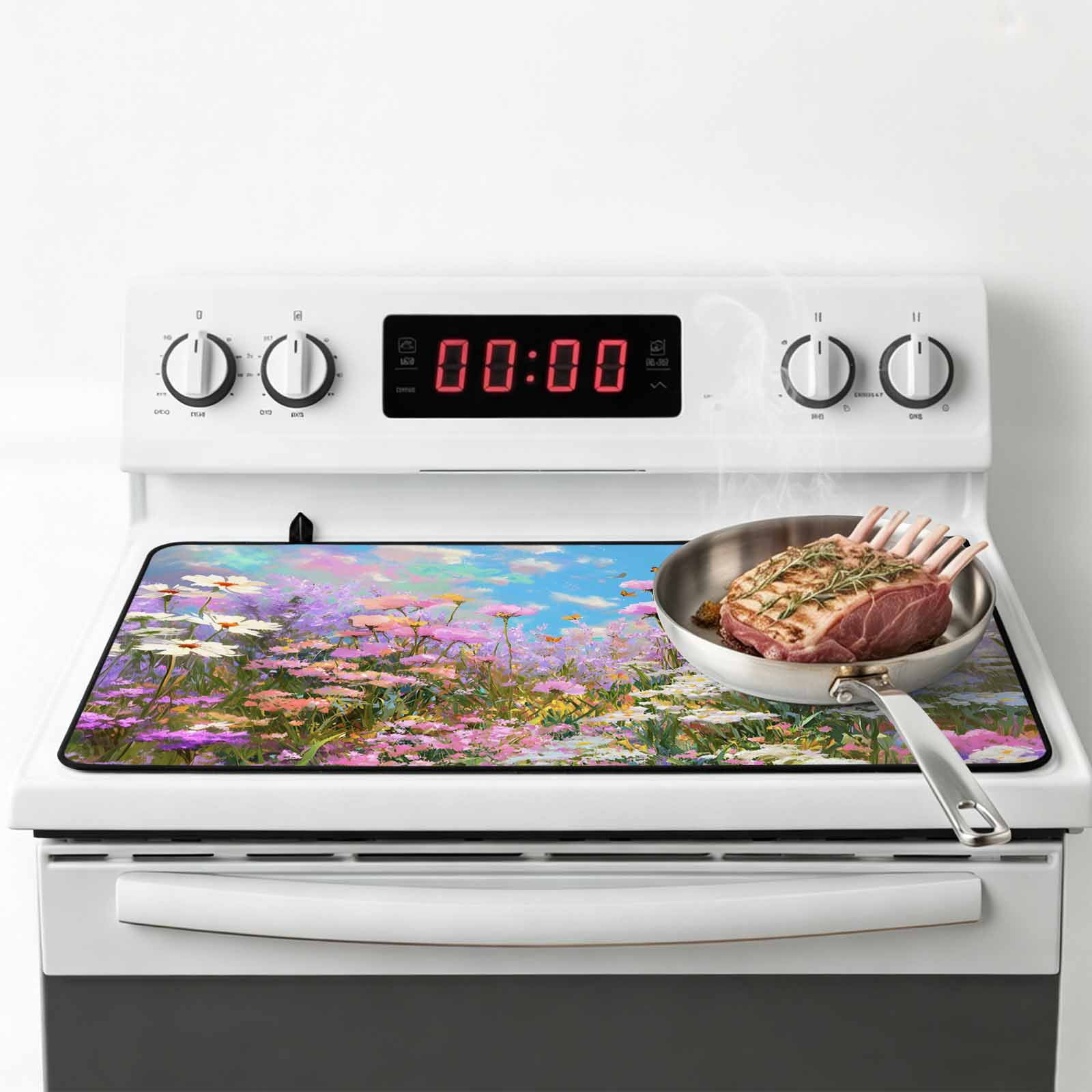 Wildflowers Stove Top Cover for Electric Stove, Heat-proof & Non Slip Glass Top Stove Cover Protector, Spring Country Oil Painting Floral Plant Kitchen Flat Cooktop Rubber Mat 28.5x20.5 Inches