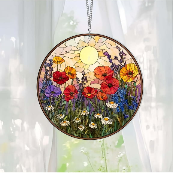Wildflowers Suncatcher Stained Glass Window Hanging – Handmade Plant Lover Gift, Floral Window Decor, Christmas & Birthday Gift for Women