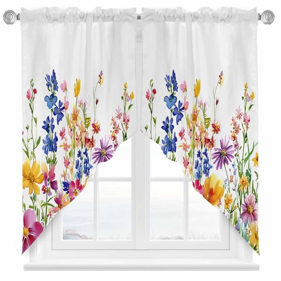 Wildflowers Swag Kitchen Curtain Valances, Watercolor Colorful Flowers Rod Pocket Curtains Window Treatment Decor Valances for Bedroom Bathroom, 2 Panels 28 x 36 Inch