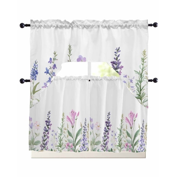 Wildflowers Swag Kitchen Curtains Sets for Windows 24 Inch Length, Lavender Spring Floral Pastoral Pastel Short Window Curtain Panels Swags Valances and Tiers 3 Piece Set for Cafe/Dining Room