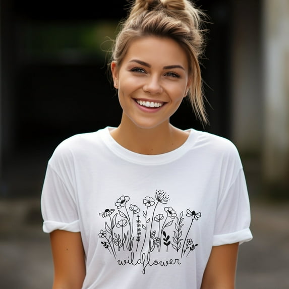 Wildflowers T-shirt for women lineart, flower T-shirt minimalist gift for her, shirt flowers illustration
