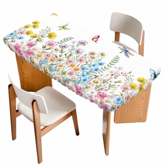 Wildflowers Table Cloths for 4 Foot Rectangle Tables, Farmhouse Country Dragonfly Butterfly Floral Patio Waterproof Elastic Fitted Tablecloths, Washable Rectangular Table Cover for Camping