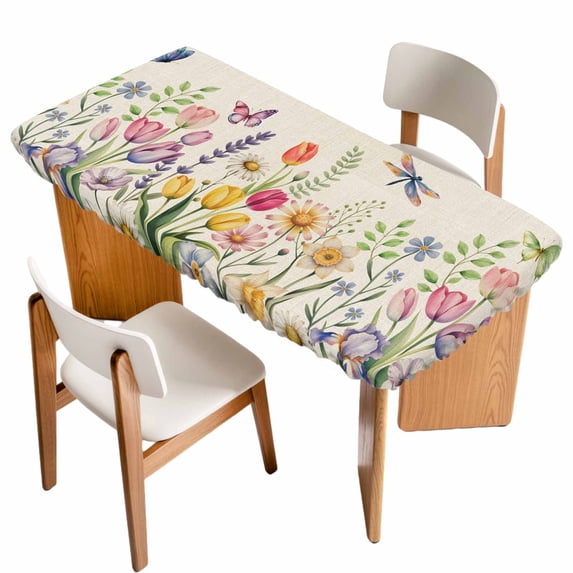 Wildflowers Table Cloths for 4 Foot Rectangle Tables, Spring Vintage Tulip Butterfly Floral Leaf Patio Waterproof Elastic Fitted Tablecloths, Washable Rectangular Table Cover for Camping