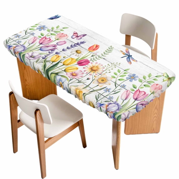 Wildflowers Table Cloths for 5 Foot Rectangle Tables, Spring Farmhouse Tulip Floral Leaf Wooden Grain Patio Waterproof Elastic Fitted Tablecloths, Washable Rectangular Table Cover for Camping