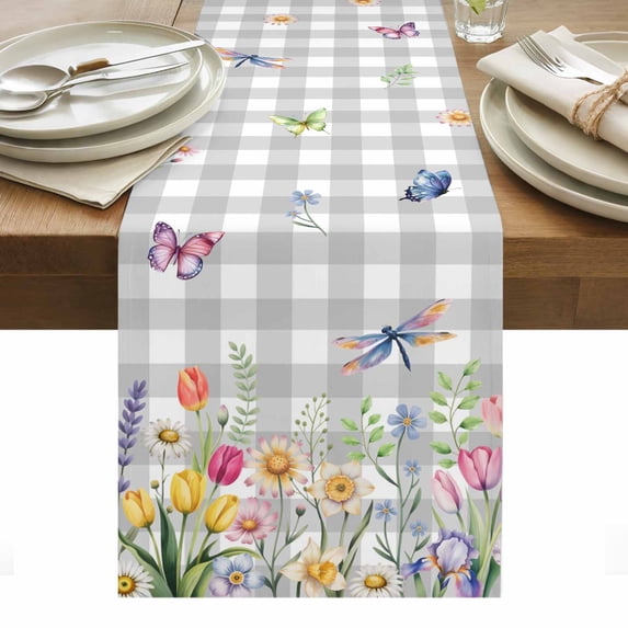 Wildflowers Table Runner - 108 Inch Long, Kitchen Dining Table Runner Dresser Scarves, Spring Watercolor Tulip Floral Leaf Grey Plaid Farmhouse Decor for Coffee Tables Wedding Party Banquet