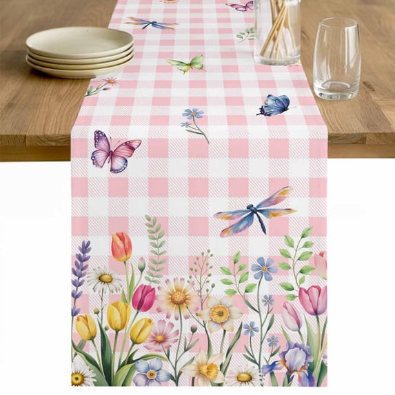 Wildflowers Table Runner - 108 Inch Long Spring Watercolor Tulip Floral Leaf Pink Plaid Cotton and Linen Blended Dress Scarves Farmhouse Table Runner for Kitchen Dining, Coffee Table, 13" x 108"