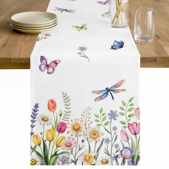 Wildflowers Table Runner 108 Inches Long Farmhouse Dress Scarves, Spring Country Tulip Butterfly Floral Leaf Dining Tablerunner for Coffee Table/Kitchen Island/Party Décor, 13" x 108"