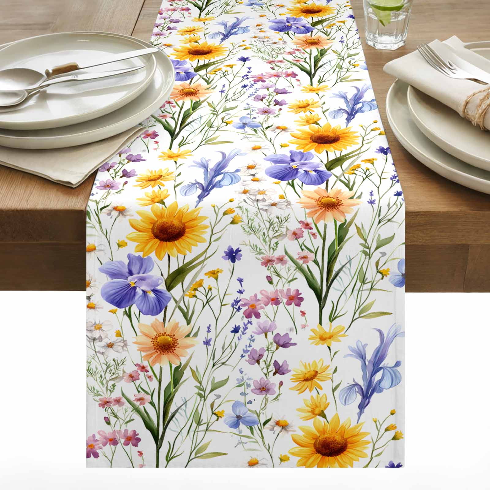 Wildflowers Table Runner 13x120 inch Spring Summer Cotton Linen Dining Table Runner Ideal for Dresser Kitchen Coffee Tables - Machine Washable