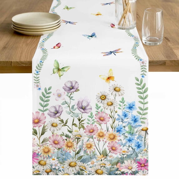 Wildflowers Table Runner - 72 Inch Long Farmhouse Country Dragonfly Butterfly Floral Cotton and Linen Blended Dress Scarves Farmhouse Table Runner for Kitchen Dining, Coffee Table, 13" x 72"